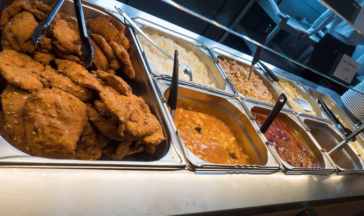 Hot dishes at the serving counter