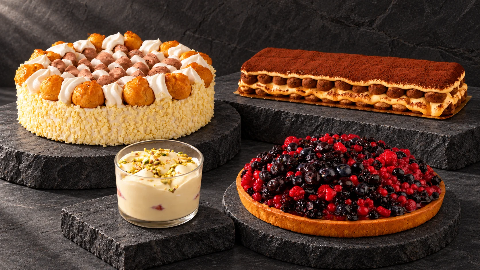 Four desserts on anthracite stone slabs: a Saint Honoré cake, tiramisu, a mixed-berry tart and pistachio cream